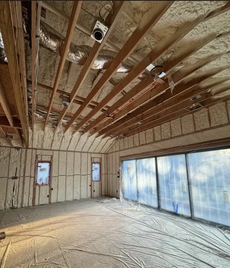 Interior walls and ceiling insulated with spray foam during new construction in Bellbrook
